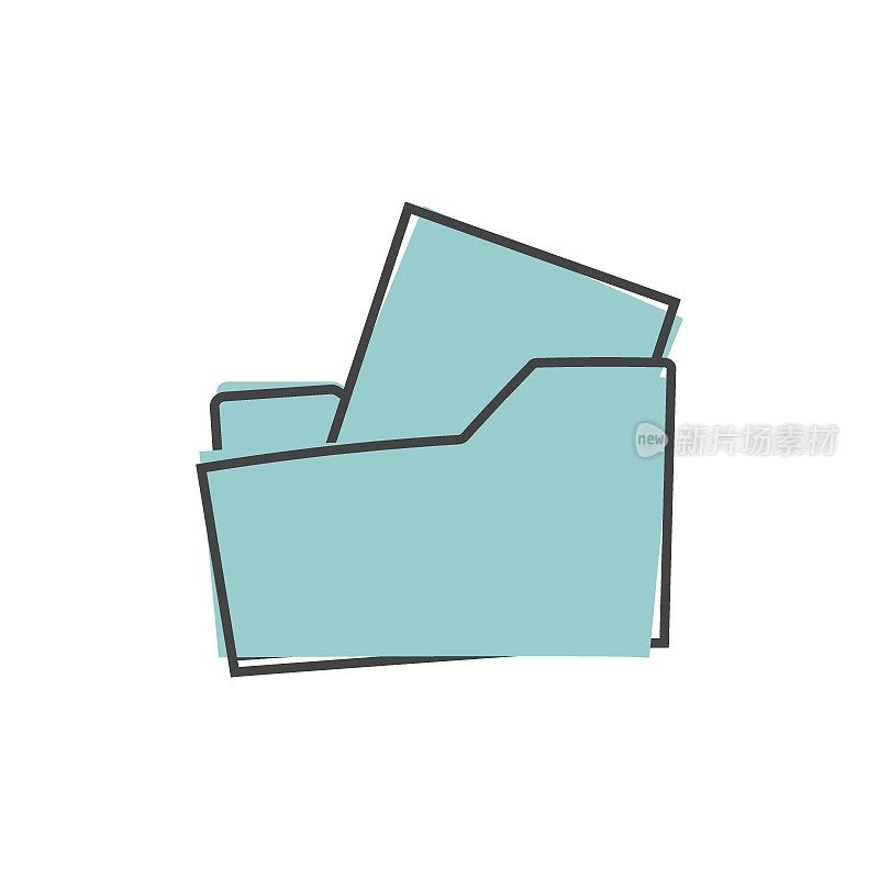 Blue folder icon with a sheet of paper. Vector folder icon  cartoon style on white isolated background.